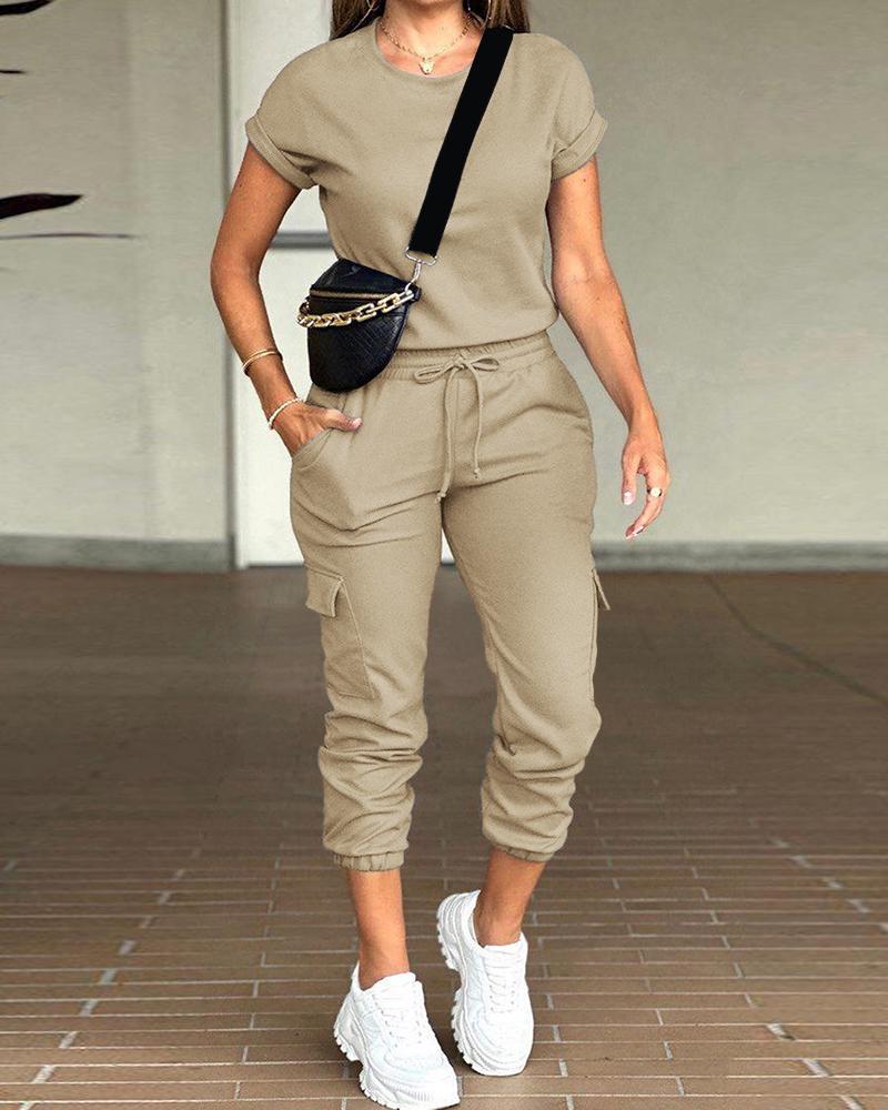 

Round Neck Top & Drawstring Cuffed Pants Set, Khaki