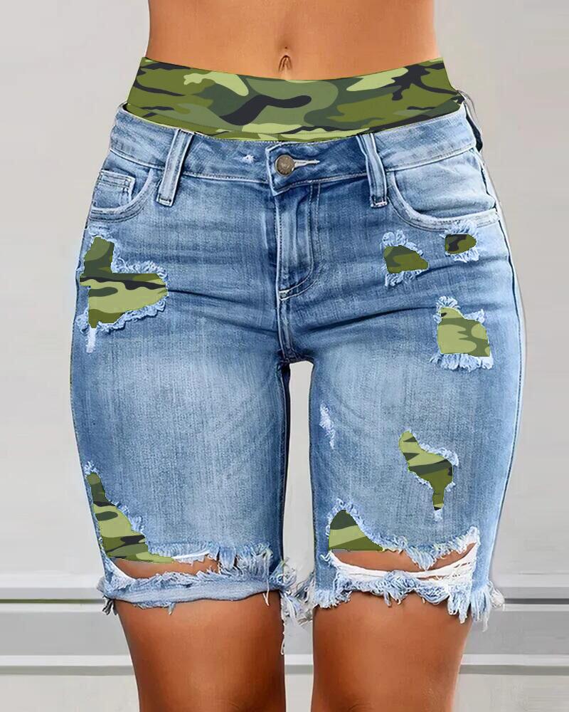 

Camouflage Print Ripped 2-In-1 Denim Shorts, Blue
