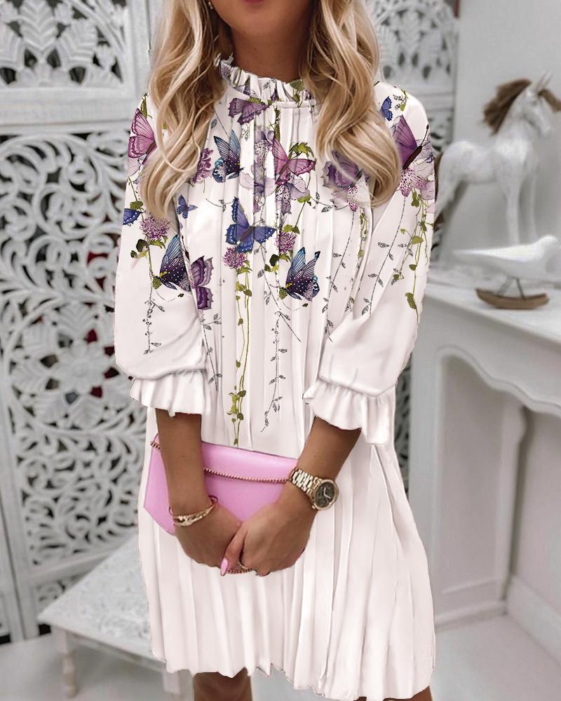 

Floral Print Butterfly Ruffle Trim Pleated Dress, White