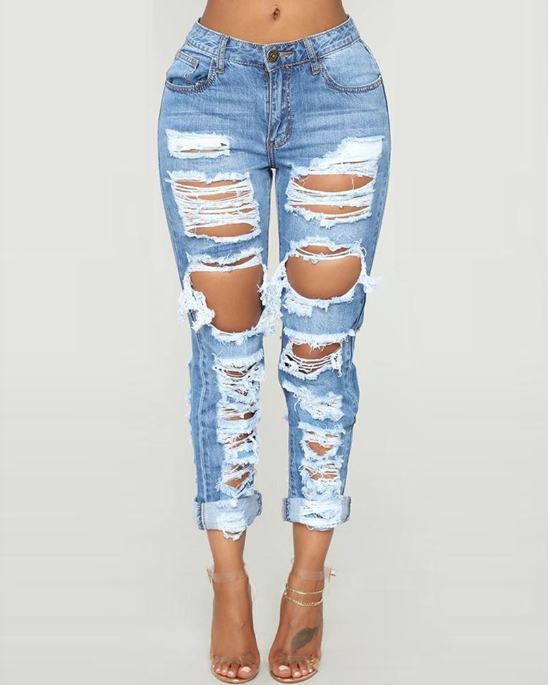 

Solid Ripped Cutout Pocket Denim Jeans, Blue