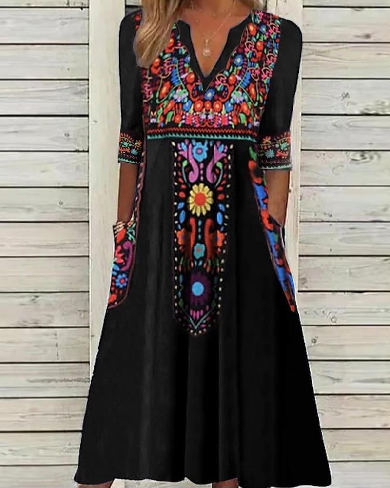 

Tribal Print Pocket Design Casual Dress, Black