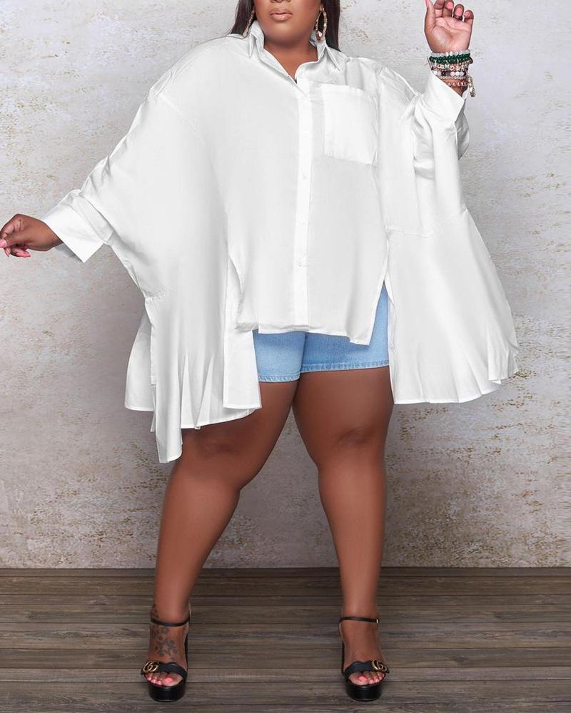

Plus Size Long Sleeve Asymmetrical Button Down Shirt, White