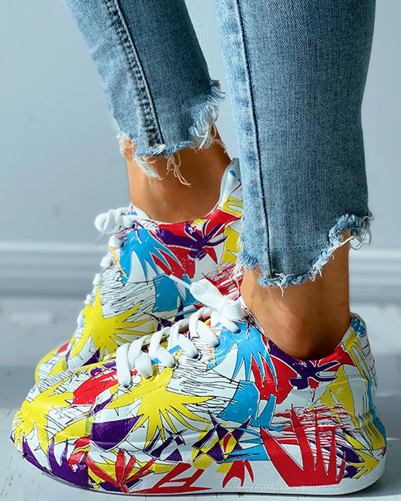 

Colorblock Doodle Print Eyelet Lace-up Muffin Sneakers, Multicolor