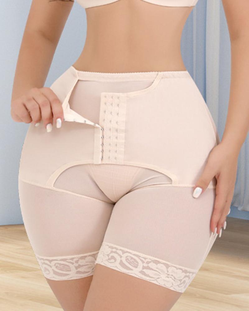 

3 Hook Front Tummy Control Padded Butt Lifter Sheer Mesh Shapewear, Nude