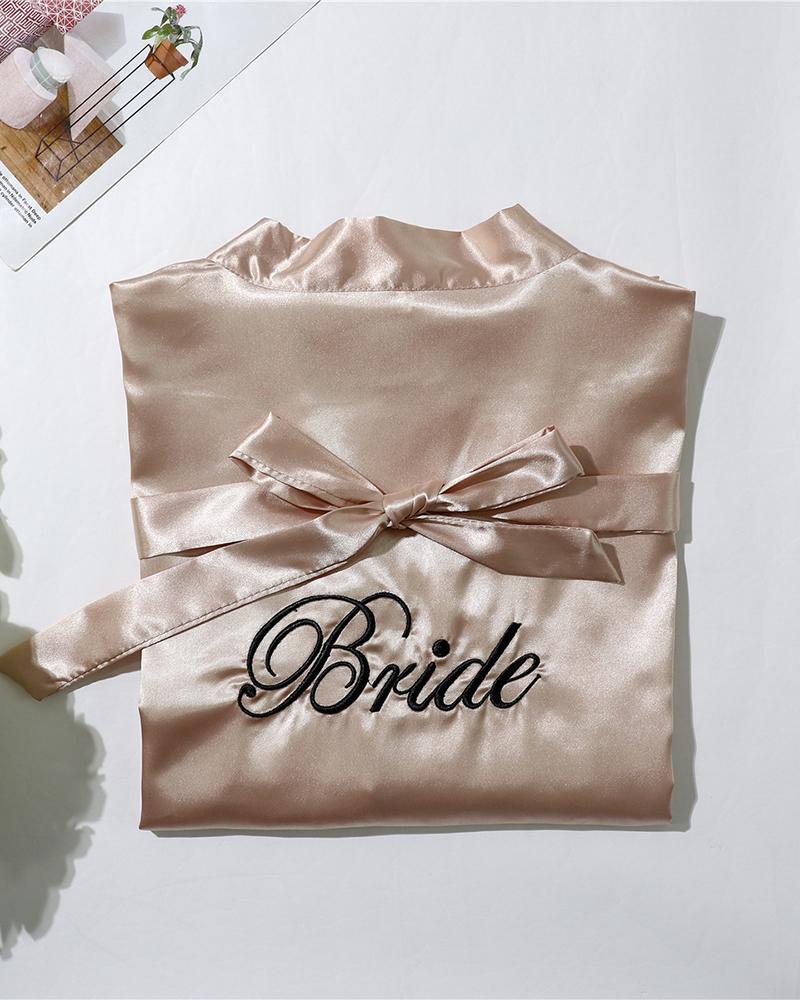 

Letter Embroidery Satin Half Sleeve Robe, Champagne