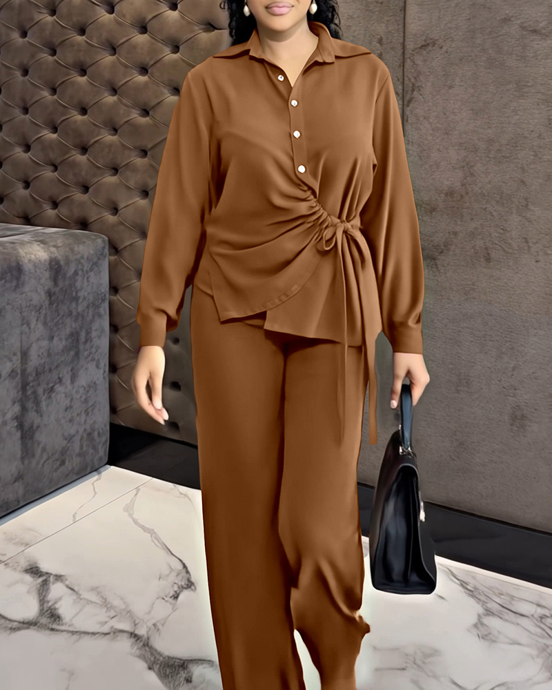 

Conjunto de 2 peças com gola virada para baixo, botões na frente, cordão, fenda, bainha assimétrica, top casual com elástico na cintura e zíper na lateral, calças largas, Brown