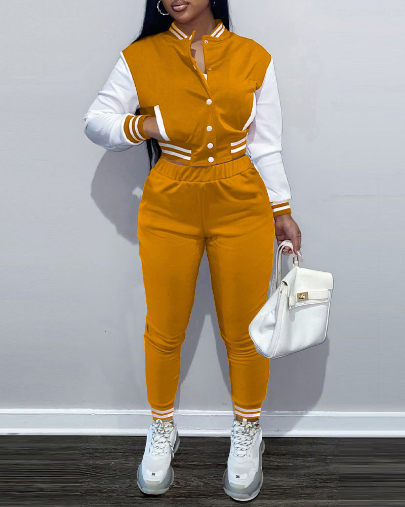 

Colorblock Button Front Bomber Jacket & Striped Trim Pants Set, Orange