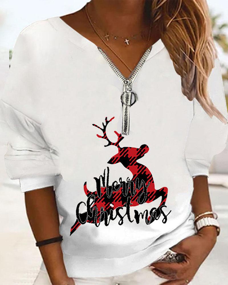

Plus Size Christmas Elk Print Zip Front Casual Top, White