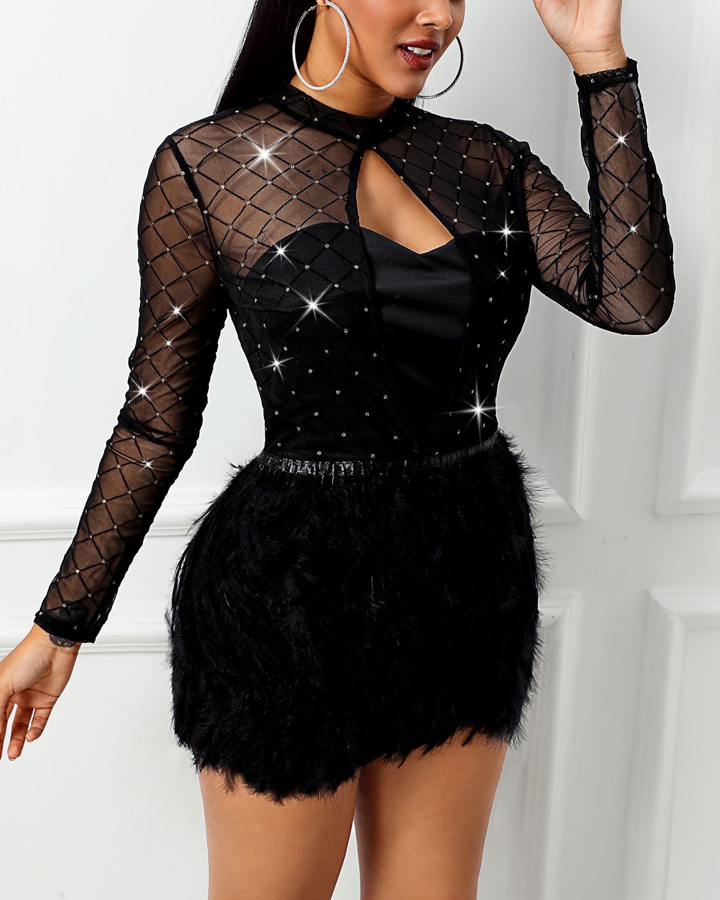 

Cut Out Chest Mesh Patchwork Feather Design Dress, Black