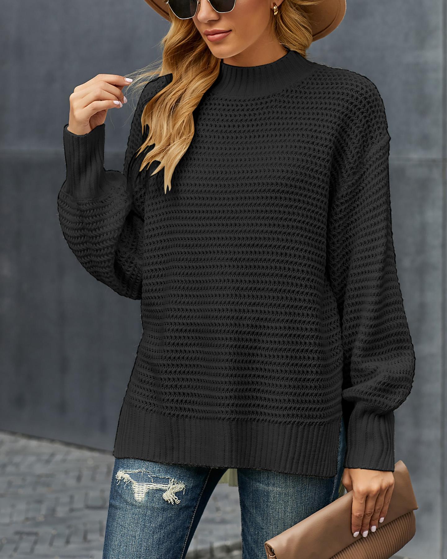 

Solid Long Sleeve Loose Slit Hem Sweater, Black