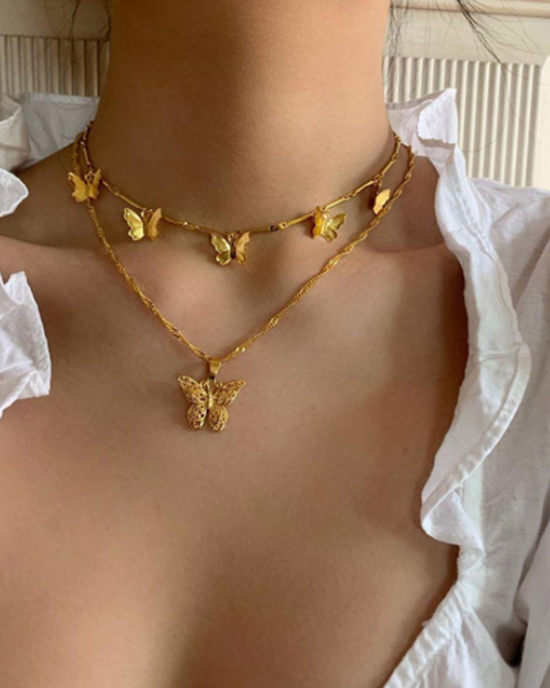 

2pcs Multi Butterfly Pattern Double Layered Necklace, Gold