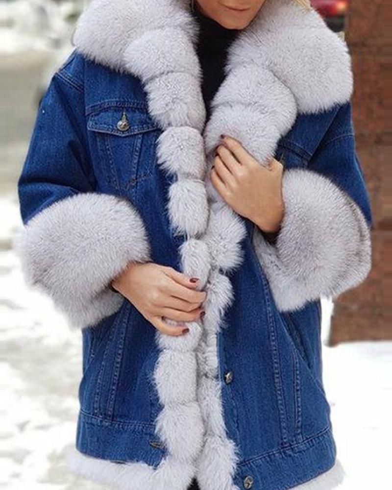 

Women' Parka Casual Winter Long Coat Colorblock Faux Fur And Denim Long Sleeve Warm Jacket, White
