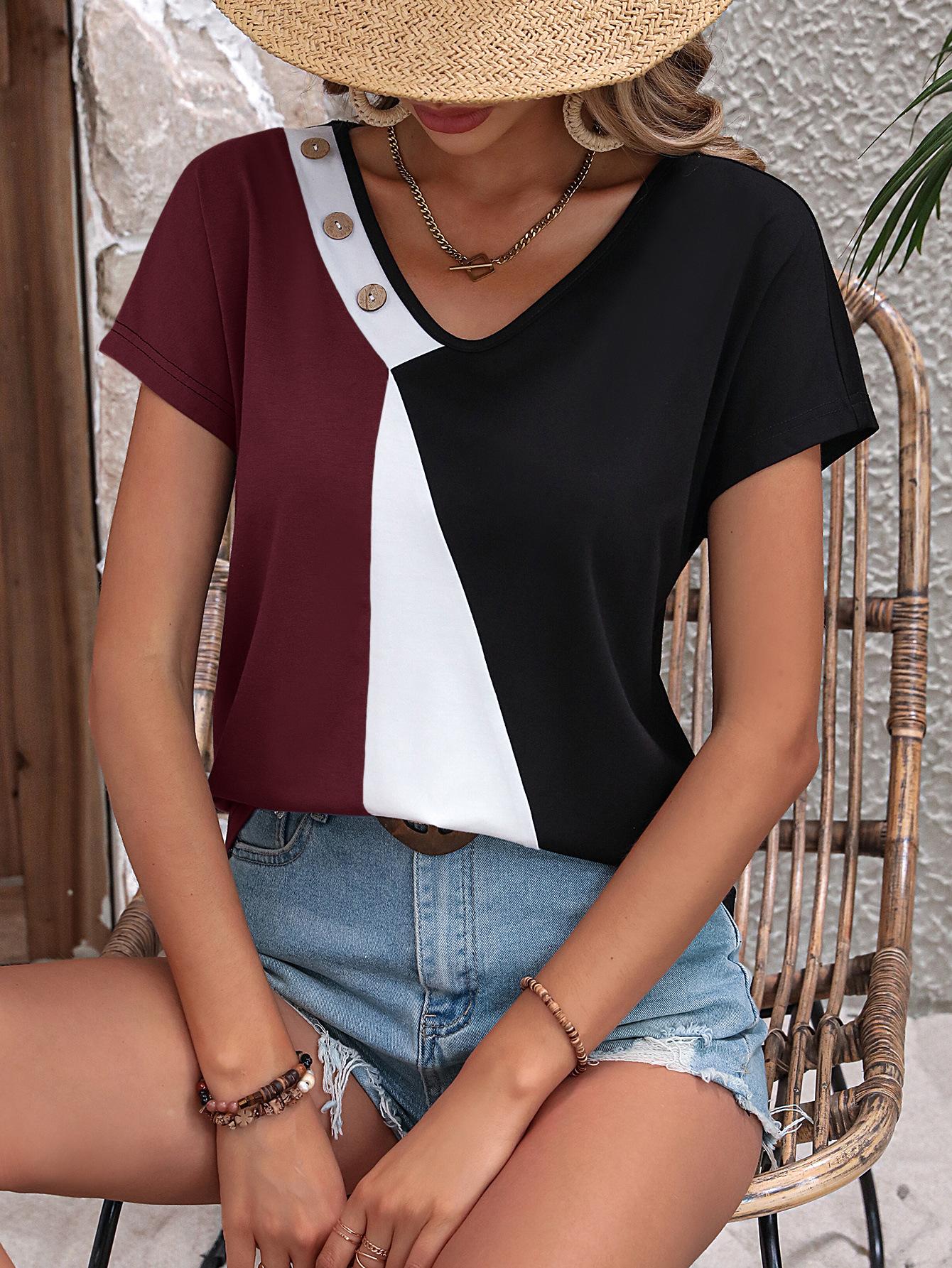 

Colorblock V-Neck Short Sleeve Buttoned Top, Wine red