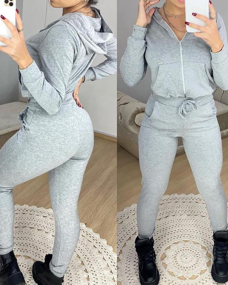 

Zipper Front Hooded Top & Drawstring Pants Set, Gray