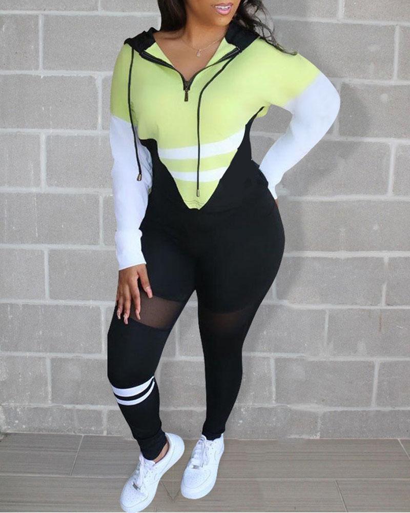 

Colorblock Zip Detail Long Sleeve Top & Pants Set, Green