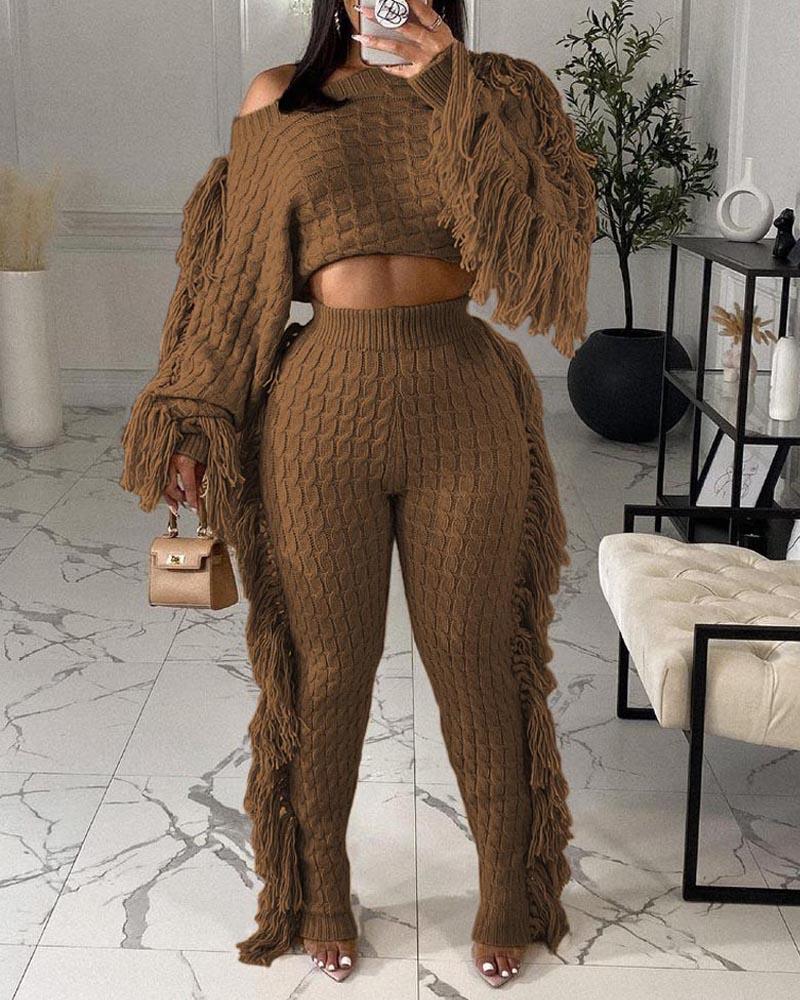 

Fringe Trim Long Sleeve Cable Knit Crop Top & Pants Set, Coffee