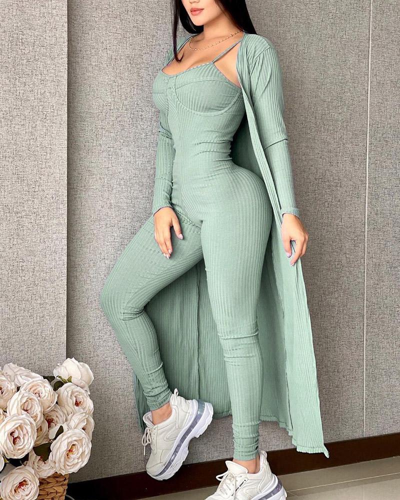 

Ribbed Skinny Cami Jumpsuit & Longline Cardigan Set, Green