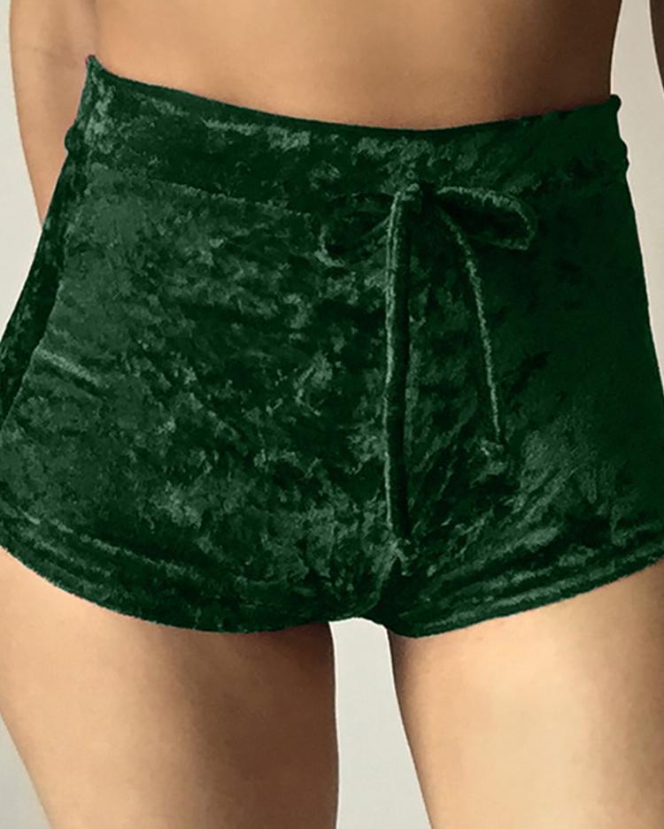 

Fluffy Drawstring Casual Shorts, Green;yellow