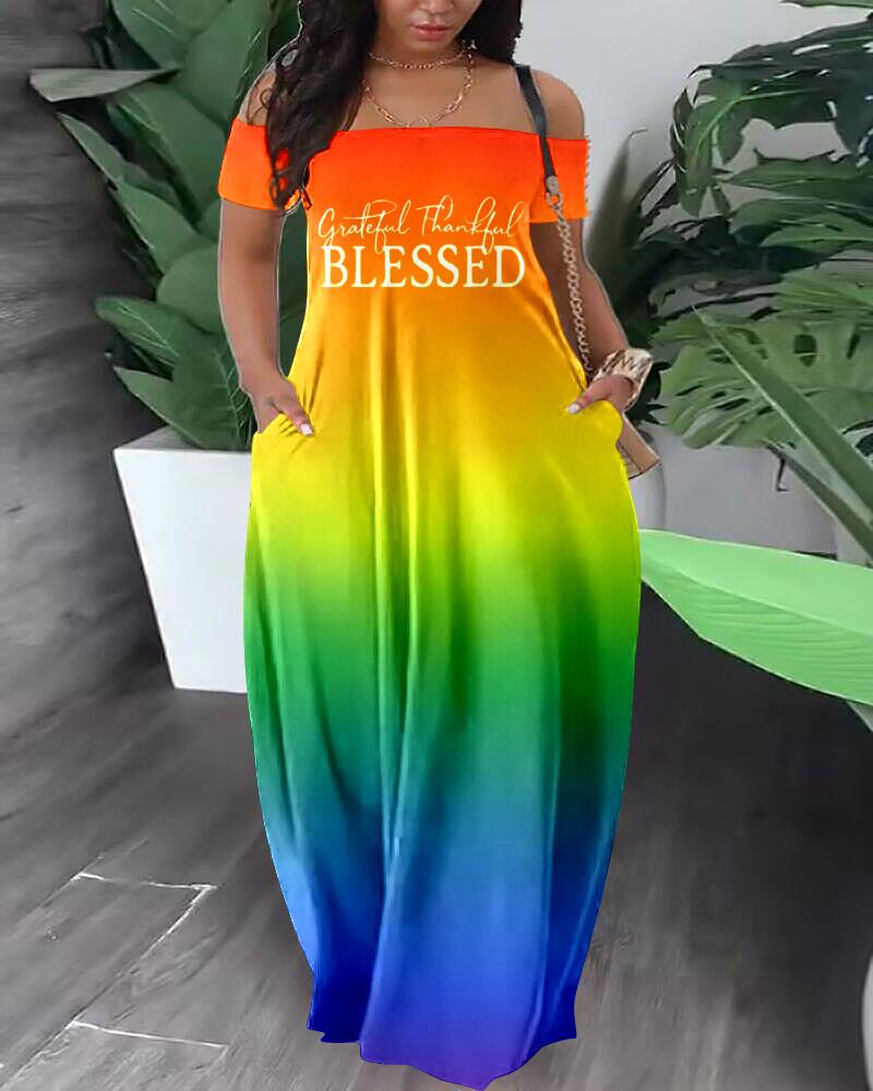 

Plus Size Ombre Grateful Thankful Blessed Print Maxi Dress, Multicolor