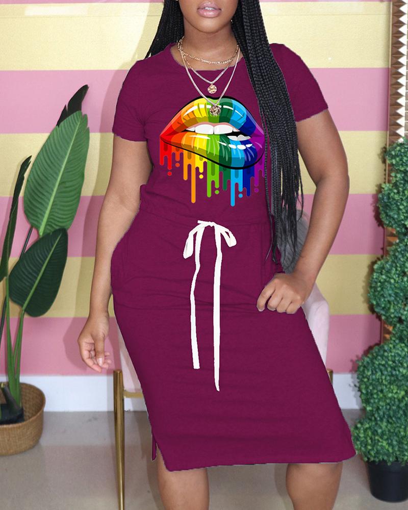 

Lip Print Pocket Design Drawstring Casual Dress, Wine red