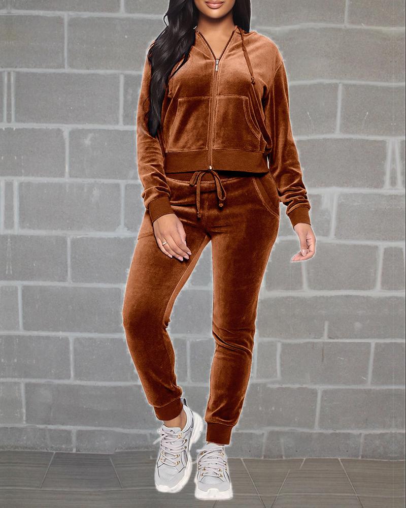

Pocket Design Long Sleeve Hooded Sweatshirt & Pants Set, Brown
