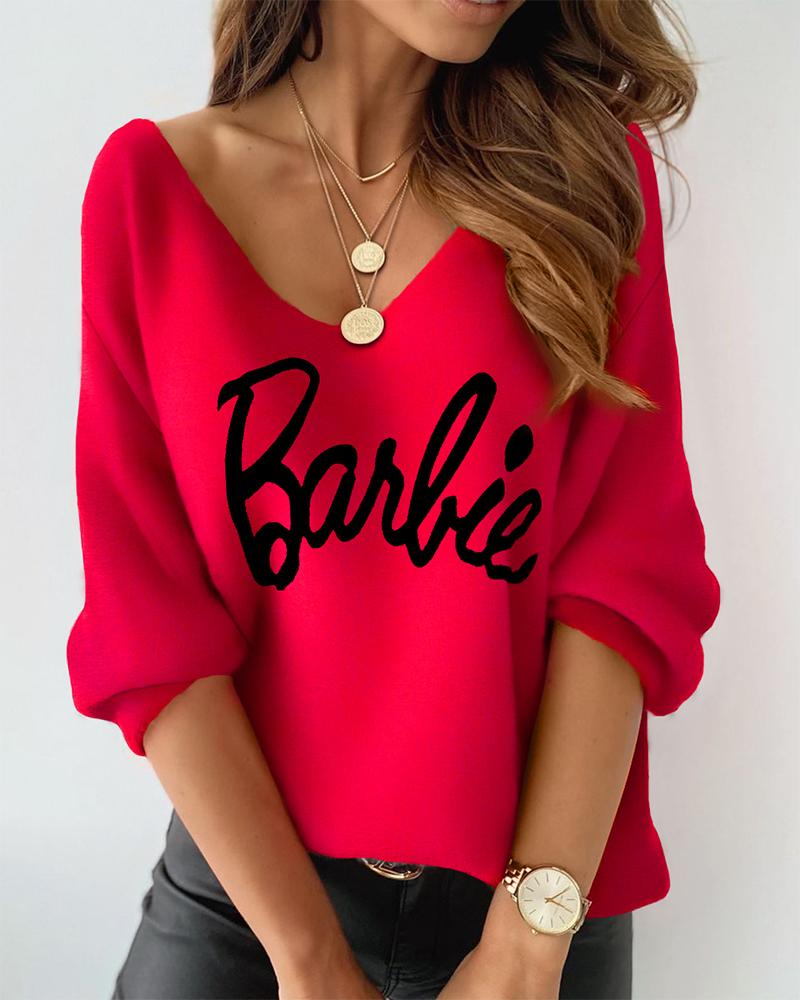 

Letter Print V-Neck Long Sleeve Top, Red