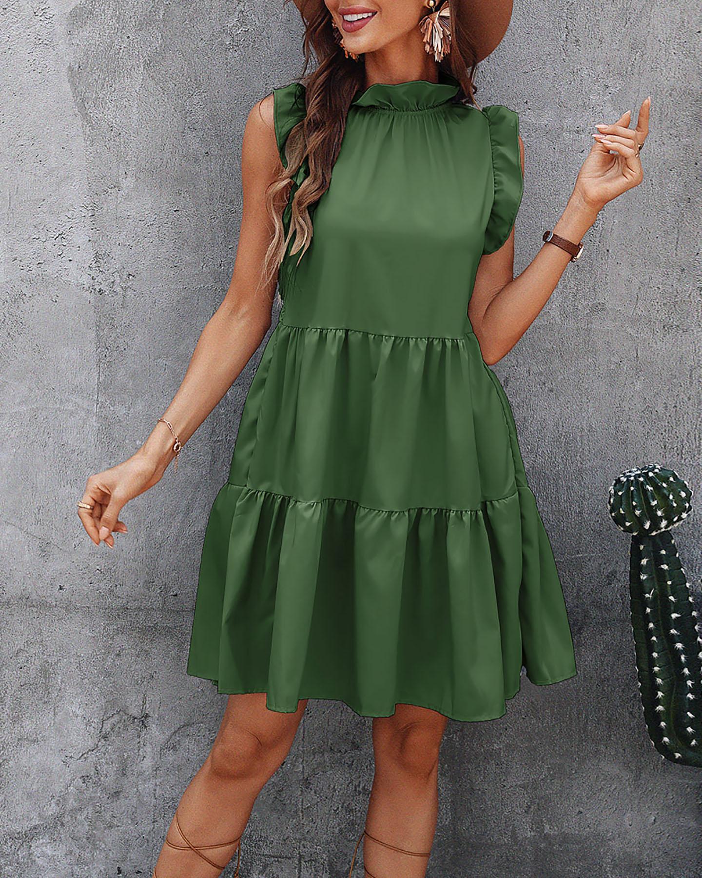 

Ruffles Trim Ruched Short Sleeve Casual Dress, Green