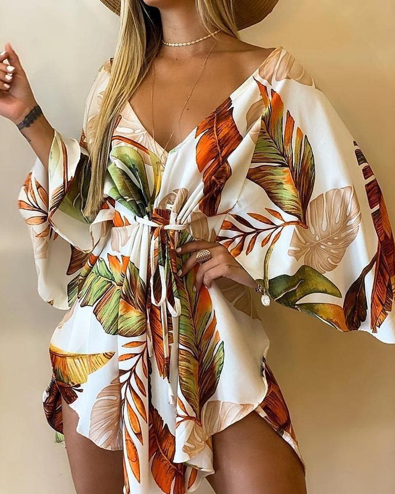 

Tropical Print Asymmetrical Tie Front Mini Dress, Multicolor