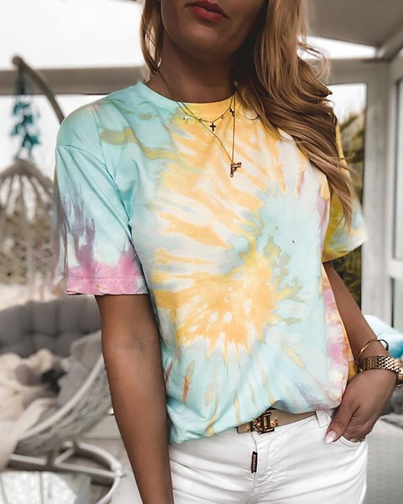 

Tie Dye Print Round Neck T-shirt, Yellow