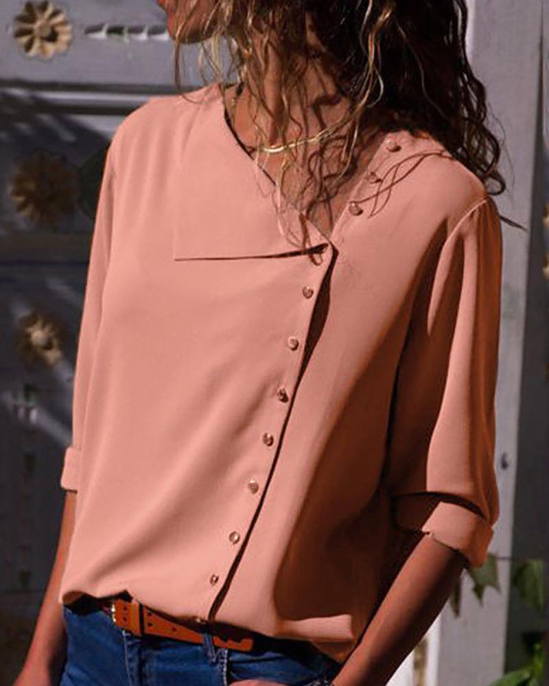 

Solid Button Embellished Casual Blouse, Pink