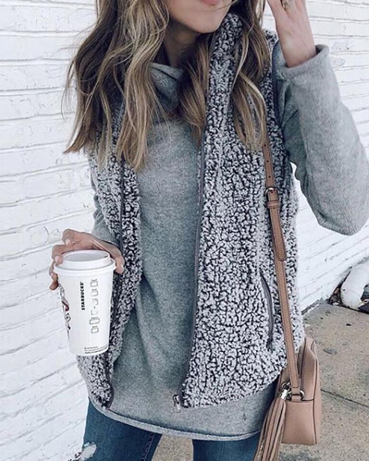 

Fluffy Zipper Pocket Design Sleeveless Coats, Black