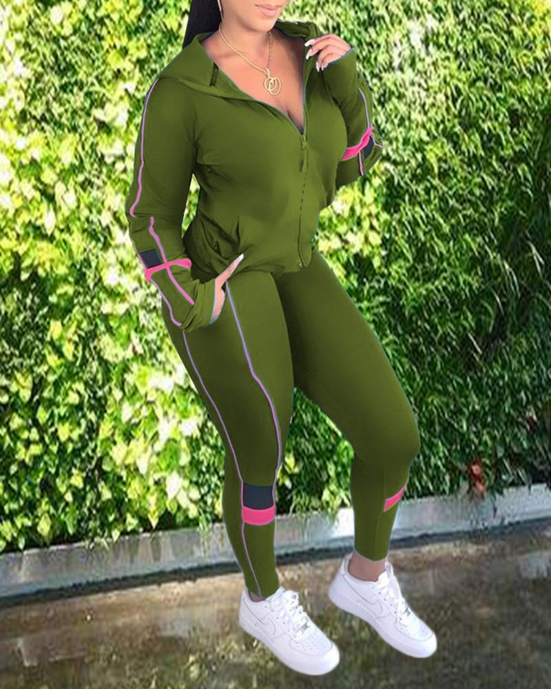 

Zipper Design Hooded Top & High Waist Pants Set, Green