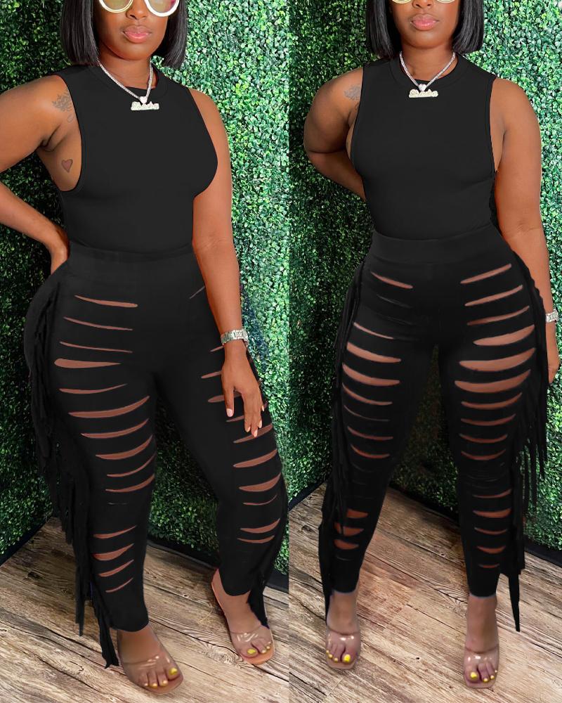

Plain Tank Top & Tassel Trim Ladder Cutout Pants Set, Black