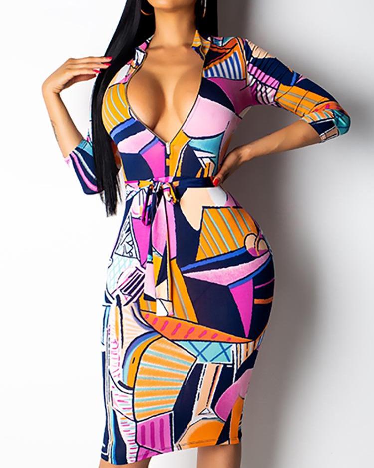 

Digital Print Zipper Design Bodycon Dress, Multicolor