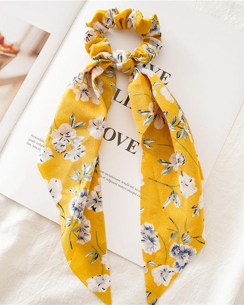 

1pcs Ponytail Rope Knotted Floral Print Hair Rope, Yellow