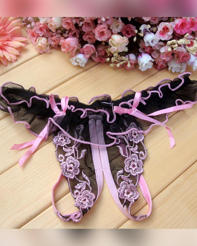 

Mesh Lace Splicing Bow Low Waist Panties, Pink