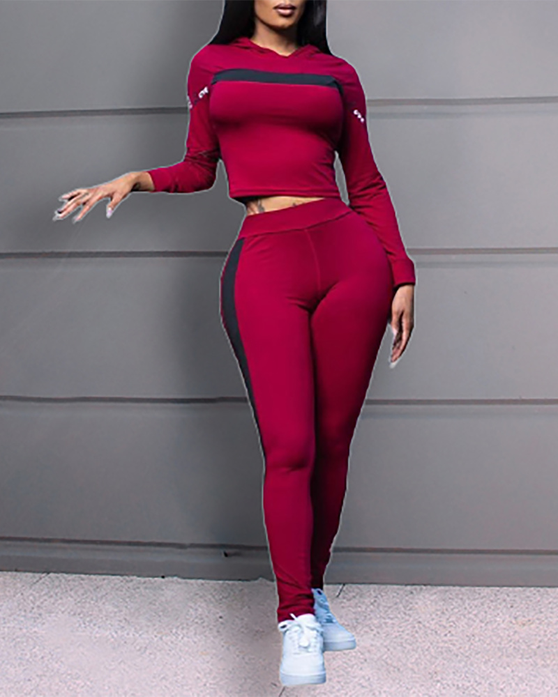 

Letter Embroidery Hooded Top & High Waist Pants Set, Wine red