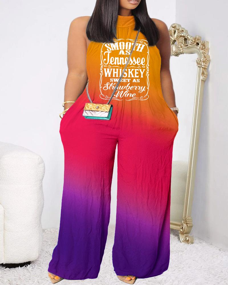 

Smooth As Tennessee Whiskey Sweet As Strawberry Wine Print Sleeveless Wide Leg Jumpsuit, Multicolor