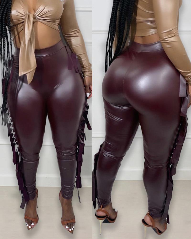 

PU Leather Tassel Trim High Waist Skinny Pants, Purple