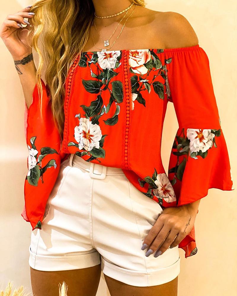 

Off Shoulder Floral Print Bell Sleeve Top, Red