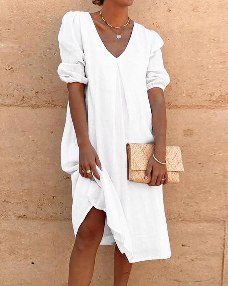 

Plain V-Neck Lantern Sleeve Casual Dress, White