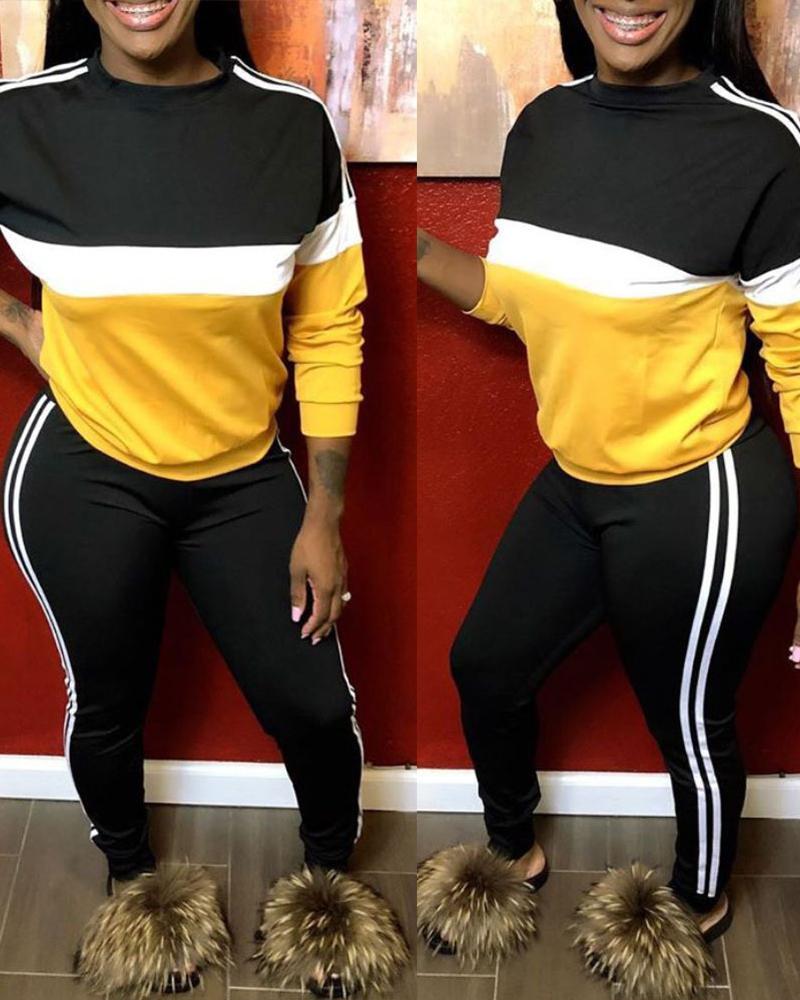 

Plus Size Striped Tape Colorblock Top & Drawstring Pants Set, Yellow