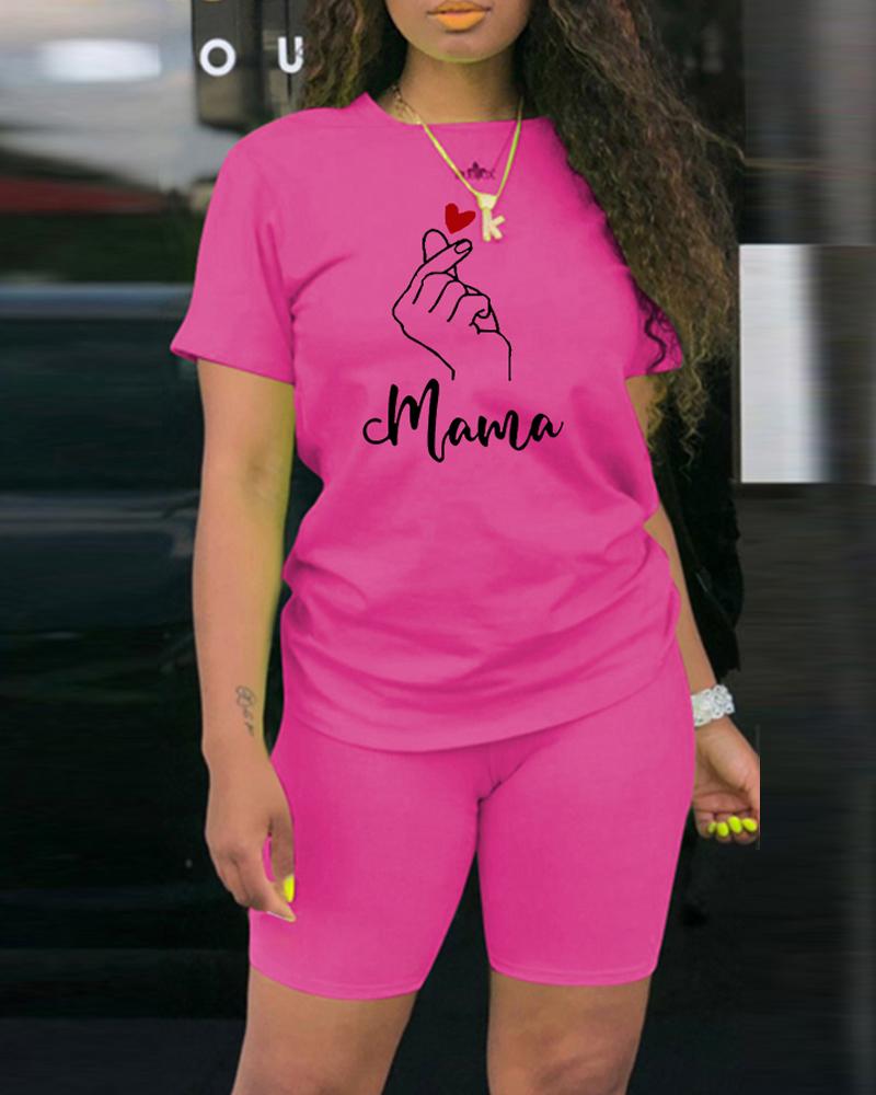 

Mother' Day Letter Heart Print Casual Top & Shorts Set, Hot pink