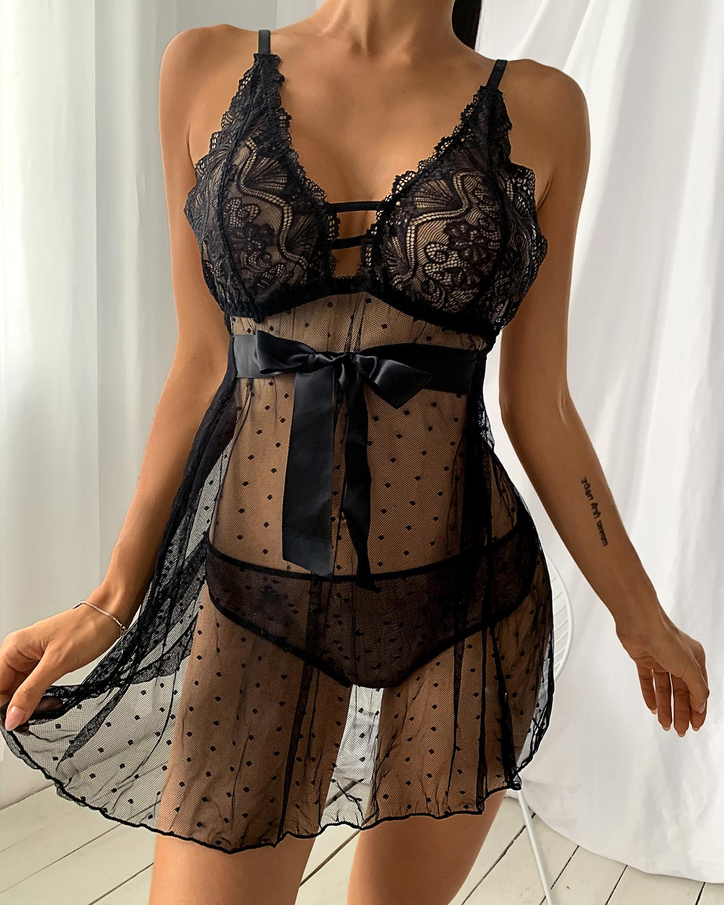 

Crochet Lace Bowknot Dot Mesh Slit Babydoll, Black