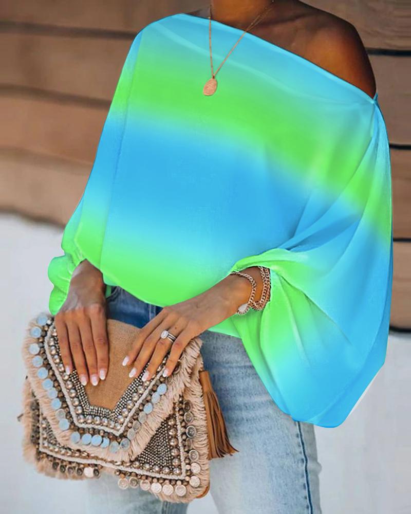 

Ombre Skew Neck Lantern Sleeve Top, Blue