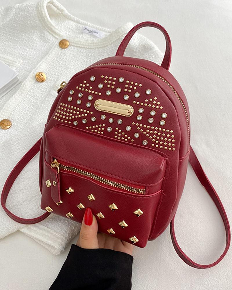 

Studded Rhinestone Decor Zipper Design Backpack Trendy School Bag, Red