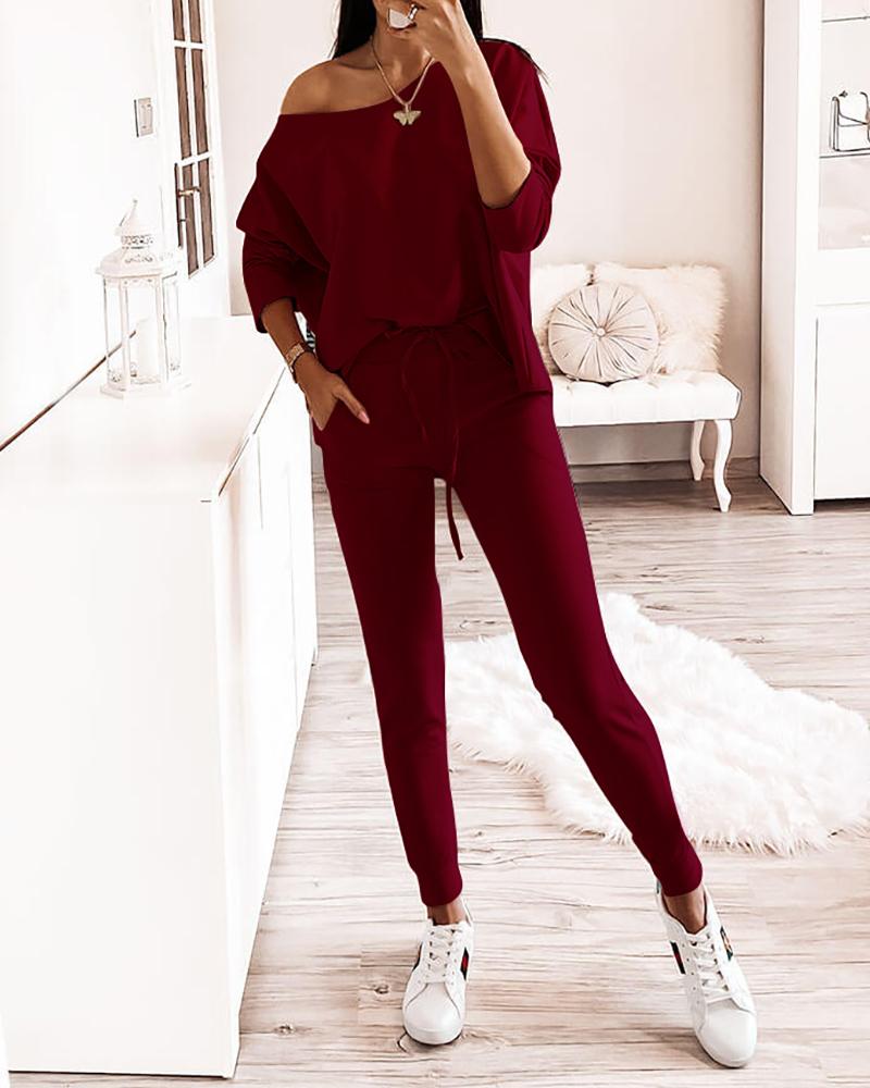 

One Shoulder Top & Drawstring Pants Set, Wine red
