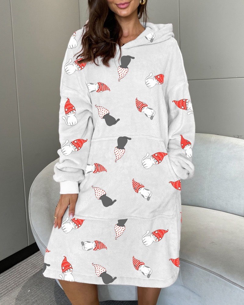 

Cartoon Print Lantern Sleeve Hooded Sleep Dress, Gray