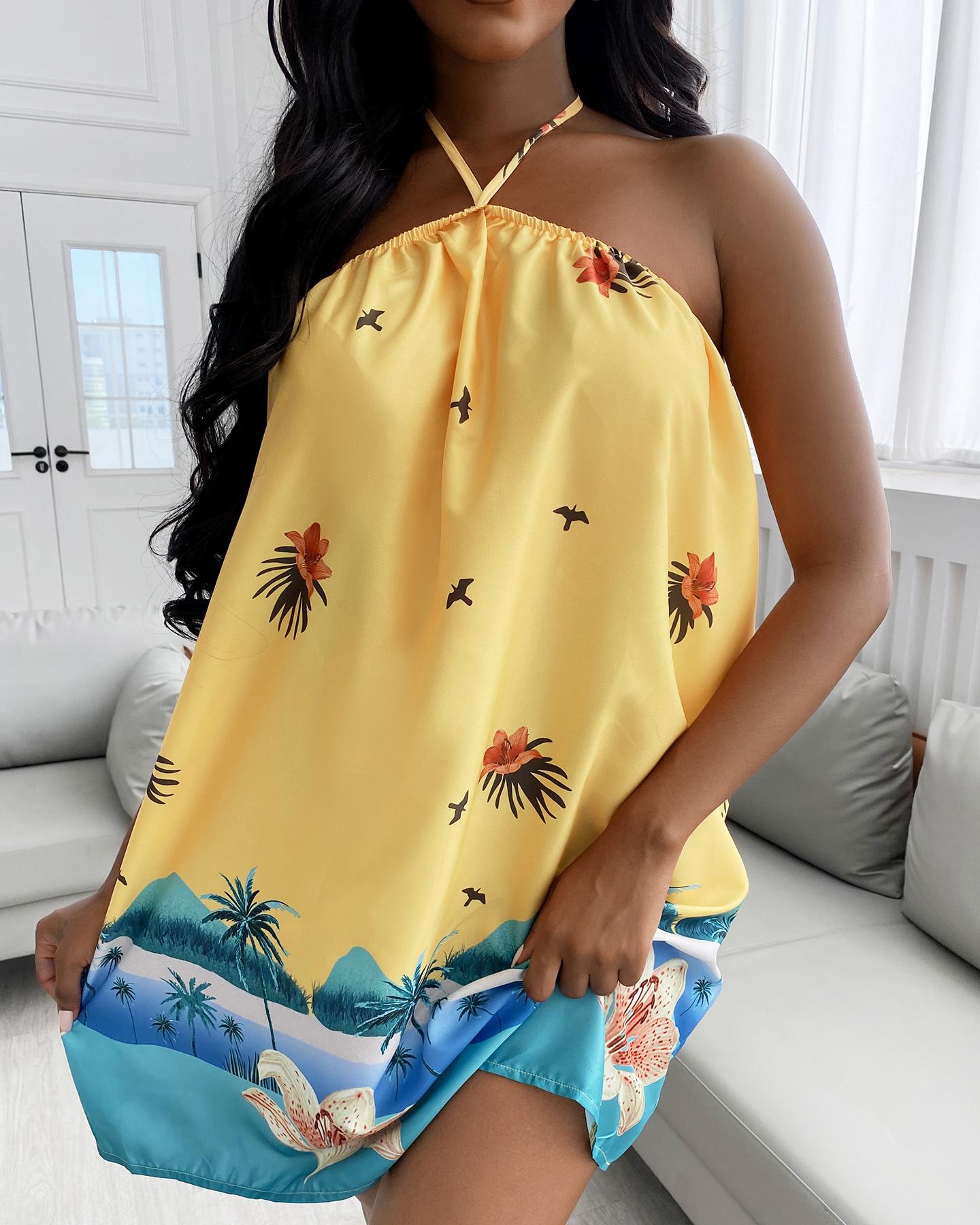 

Tropical Print Halter Backless Dress, Yellow