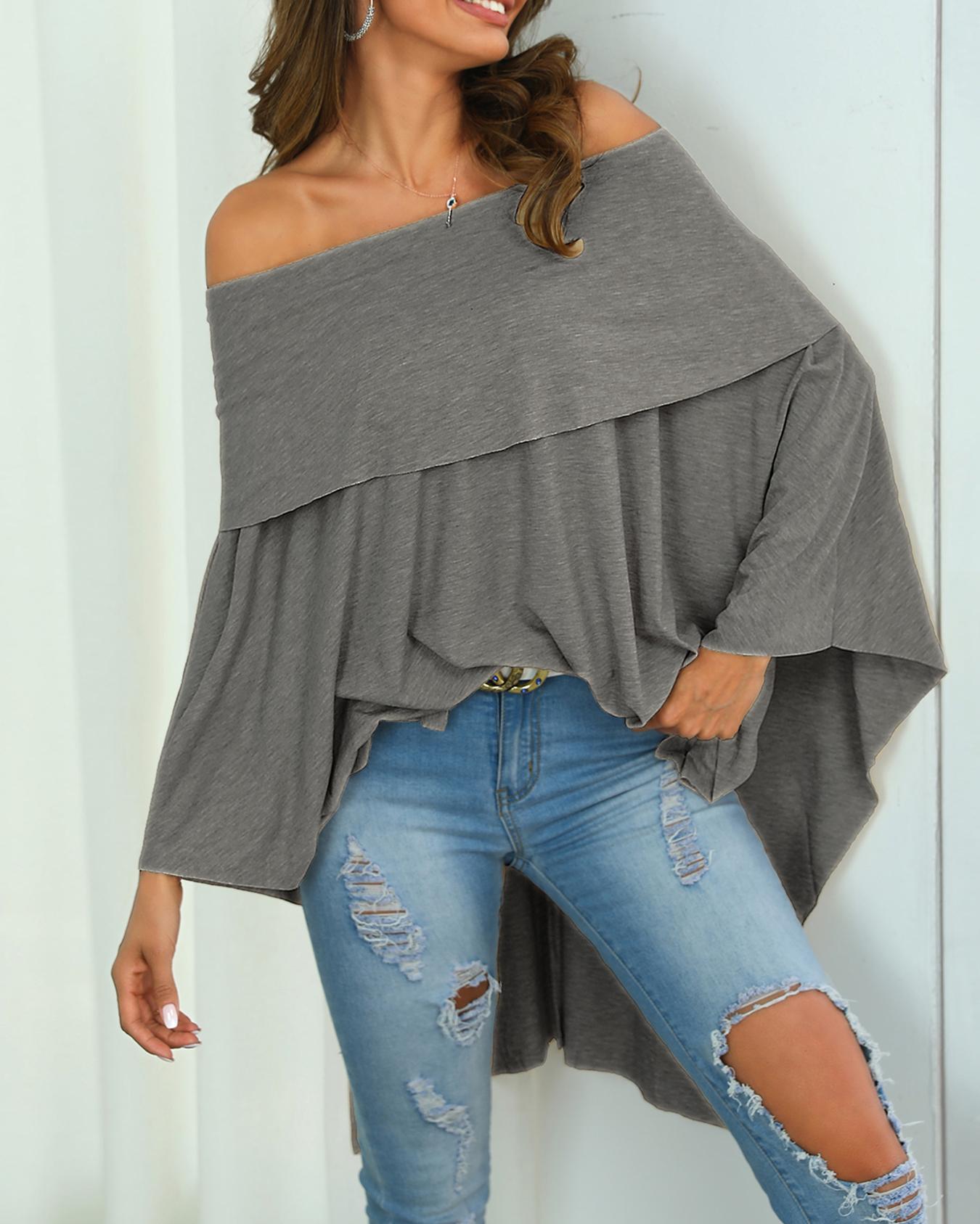 

Irregular Off Shoulder Dip Hem Casual Blouse, Gray